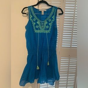 Cinched Waist Handkerchief Skirt Blue Embellished Cotton Dress